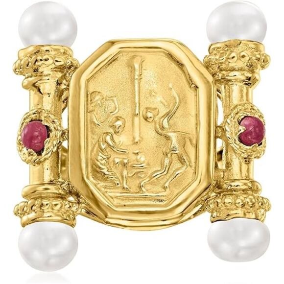 18kt Gold Over Sterling Silver Ruby & Pearl Ring – Italian Crafted - Picture 5 of 5